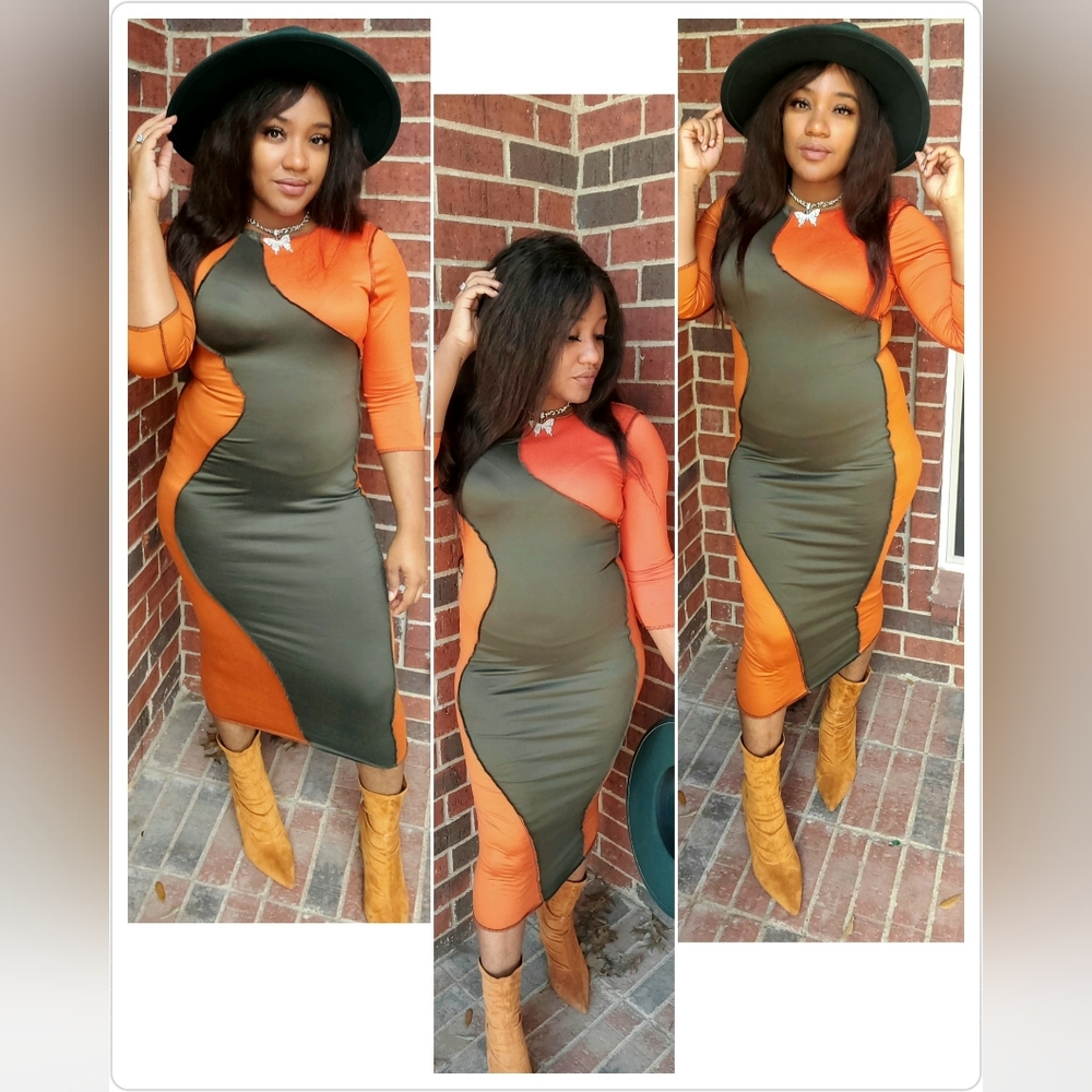 Orange And Green Patchwork Midi Length Dress - image 2